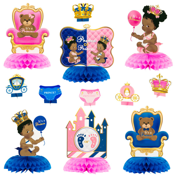 Haooryx 12Pcs African American Baby Gender Reveal Honeycomb Centerpieces, Royal Prince or Princess Baby Shower Boy or Girl Gender Reveal Party Table Topper Centerpiece for Party Decoration Supplies