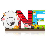 Haooryx Farm Animals ONE Letter Sign Wooden Centerpiece, Barnyard Animals Themed Birthday Party Decorations for One Year Old Toddler First Birthday Decor Baby Boys and Girls Photo Props