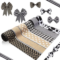 Haooryx 6 Rolls Farmhouse Wired Edge Ribbons Faux Burlap Cow Spot Jute Ribbon Black White Stripe Wave Point Linen Sackcloth Crafts for Wreath Floral Bouquet Wrapping Home Decor 2.5" x 30 Yards
