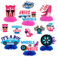 Haooryx 12Pcs Wheels or Heels Gender Reveal Party Honeycomb Centerpieces, He or She Gender Reveal Party Table Topper Decorations for Newborn Baby Gender Reveal Baby Shower Party Decor Supplies