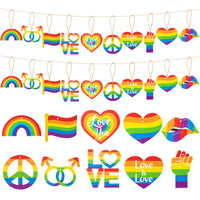 Haooryx 31Pcs LGBT Gay Pride Day Wooden Hanging Ornaments, Rainbow Heart Shape Wood Hanging Sign Love is Love Pride Ornament for LGBTQ Gay Lesbian Pride Party Decorations Supplies Party Gifts