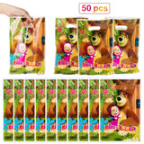 HAOORYX Masha and The Bear Party Plastic Bags, 50pcs Party Gift Bag Goodies Candy Treat Bag for Kids Masha and Bear Theme Birthday Party Supplies Children Rewards Baby Shower Decoration Pack