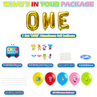 Haooryx 48Pcs Word Party 1st Birthday Party Favor Kit, Happy Birthday Cake Cupcake Toppers Set Cartoon Latex Balloons Gold Foil Balloon for One Year Old Baby Shower First Birthday Theme Party Decor
