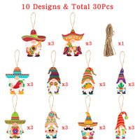Haooryx 31Pcs Cinco De Mayo Summer Fiesta Gnome Wooden Ornaments Hanging Decoration Wood Gnome Elf Pendants Tags for Mexican Carnivals Fiesta Taco Bout a Party Favors Farmhouse Decor Supplies