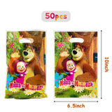 HAOORYX Masha and The Bear Party Plastic Bags, 50pcs Party Gift Bag Goodies Candy Treat Bag for Kids Masha and Bear Theme Birthday Party Supplies Children Rewards Baby Shower Decoration Pack