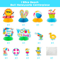 Haooryx 12Pcs Summer Pool Honeycomb Centerpiece Decoration, Beach Ball Table Toppers Splish Splash Summer Water Party Decorations for Kids Tropical Birthday Party Baby Shower Decor Favor Supplies
