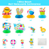 Haooryx 12Pcs Summer Pool Honeycomb Centerpiece Decoration, Beach Ball Table Toppers Splish Splash Summer Water Party Decorations for Kids Tropical Birthday Party Baby Shower Decor Favor Supplies