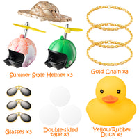 Haooryx 3 Pack Summer Rubber Ducks Toys Car Ornaments, Yellow Ducky Car Dashboard Decoration Summer Theme Novelty Squeeze Ducks with Straw Hat Helmet Propellers Glasses Gold Chain for Kids Adults