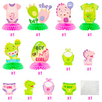Haooryx 12Pcs Little Dino Gender Reveal Party Honeycomb Centerpieces Decoration, Cartoon Dinosaur Theme Party Table Topper Decoration for Boy or Girl Baby Shower He or She Gender Reveal Party Supplies