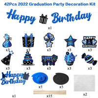 Haooryx 42Pcs Blue Birthday Party Decoration Set, Silver Navy Blue Happy Birthday Banner Hanging Swirls Cake Topper Cupcake Decorations Table Centerpieces for Boys Men Birthday Party Decor Supplies