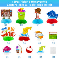 Haooryx 12Pcs The Big One Honeycomb Centerpieces, Gone Fishing Little Fisherman First Birthday Party Table Topper Decoration for Summer Fishing Theme 1st Birthday Baby Shower Pool Party Decor Supplies