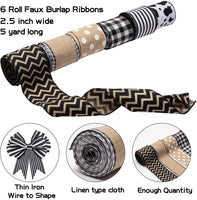 Haooryx 6 Rolls Farmhouse Wired Edge Ribbons Faux Burlap Cow Spot Jute Ribbon Black White Stripe Wave Point Linen Sackcloth Crafts for Wreath Floral Bouquet Wrapping Home Decor 2.5" x 30 Yards