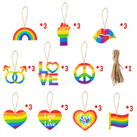 Haooryx 31Pcs LGBT Gay Pride Day Wooden Hanging Ornaments, Rainbow Heart Shape Wood Hanging Sign Love is Love Pride Ornament for LGBTQ Gay Lesbian Pride Party Decorations Supplies Party Gifts