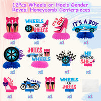 Haooryx 12Pcs Wheels or Heels Gender Reveal Party Honeycomb Centerpieces, He or She Gender Reveal Party Table Topper Decorations for Newborn Baby Gender Reveal Baby Shower Party Decor Supplies