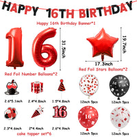 Haooryx 32Pcs 16th Birthday Party Balloons Decoration Supplies Kit, White Black and Red Confetti Latex Balloons, Banner and Cake Topper Set Stars Number 16 Foil Balloons for 16 Years Old Teenager