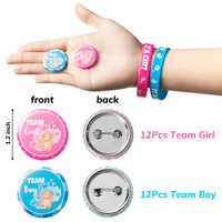 Haooryx 48Pcs Bear Gender Reveal Bracelet and Button Party Favors, Pink Blue Team Boy Team Girl Silicone Wristband Button Badge Pin Gender Reveal Party Newborn Baby Shower Voting Games Supplies