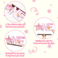 Haooryx Pink Twinkle Twinkle Little Star ONE Letter Sign Wooden Centerpiece, Glitter Star Baby Girl One Year Old Milestone First 1st Birthday Party Decoration Wood Table Sign Baby Shower Photo Props