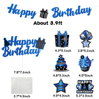 Haooryx 42Pcs Blue Birthday Party Decoration Set, Silver Navy Blue Happy Birthday Banner Hanging Swirls Cake Topper Cupcake Decorations Table Centerpieces for Boys Men Birthday Party Decor Supplies