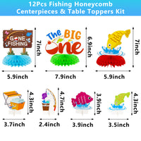 Haooryx 12Pcs The Big One Honeycomb Centerpieces, Gone Fishing Little Fisherman First Birthday Party Table Topper Decoration for Summer Fishing Theme 1st Birthday Baby Shower Pool Party Decor Supplies