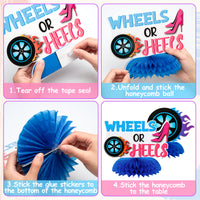 Haooryx 12Pcs Wheels or Heels Gender Reveal Party Honeycomb Centerpieces, He or She Gender Reveal Party Table Topper Decorations for Newborn Baby Gender Reveal Baby Shower Party Decor Supplies