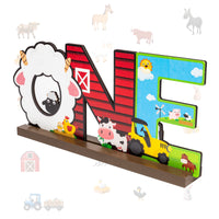 Haooryx Farm Animals ONE Letter Sign Wooden Centerpiece, Barnyard Animals Themed Birthday Party Decorations for One Year Old Toddler First Birthday Decor Baby Boys and Girls Photo Props
