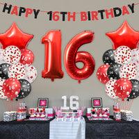 Haooryx 32Pcs 16th Birthday Party Balloons Decoration Supplies Kit, White Black and Red Confetti Latex Balloons, Banner and Cake Topper Set Stars Number 16 Foil Balloons for 16 Years Old Teenager