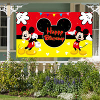 HAOORYX Mickey Happy Birthday Fabric Banner Backdrop, Mickey Party Decorations, Themed Party Favor supplies for Kids Baby Shower Photography Background -72.8 x 43.3 inch