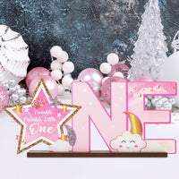 Haooryx Pink Twinkle Twinkle Little Star ONE Letter Sign Wooden Centerpiece, Glitter Star Baby Girl One Year Old Milestone First 1st Birthday Party Decoration Wood Table Sign Baby Shower Photo Props