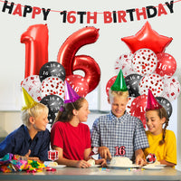Haooryx 32Pcs 16th Birthday Party Balloons Decoration Supplies Kit, White Black and Red Confetti Latex Balloons, Banner and Cake Topper Set Stars Number 16 Foil Balloons for 16 Years Old Teenager