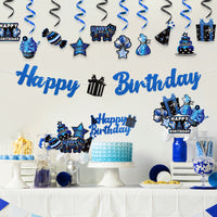 Haooryx 42Pcs Blue Birthday Party Decoration Set, Silver Navy Blue Happy Birthday Banner Hanging Swirls Cake Topper Cupcake Decorations Table Centerpieces for Boys Men Birthday Party Decor Supplies