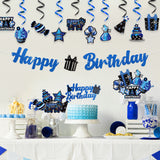 Haooryx 42Pcs Blue Birthday Party Decoration Set, Silver Navy Blue Happy Birthday Banner Hanging Swirls Cake Topper Cupcake Decorations Table Centerpieces for Boys Men Birthday Party Decor Supplies