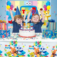 Haooryx 4Pcs Word Party Table Cover Birthday Party Supplies, Disposable Tablecloths Plastic Tablecover for Kids Word Party Themed Birthday Party Baby Shower Decoration Favors, Rectangle 70.9×42.5 inch