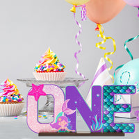 Haooryx Mermaid ONE Letter Sign Table Wooden Centerpiece for Baby Girl 1st Birthday Party Decorations, Under The Sea Little Mermaid First Birthday Theme Party Sign Baby Shower Decor Supplies