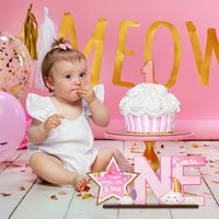 Haooryx Pink Twinkle Twinkle Little Star ONE Letter Sign Wooden Centerpiece, Glitter Star Baby Girl One Year Old Milestone First 1st Birthday Party Decoration Wood Table Sign Baby Shower Photo Props
