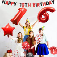 Haooryx 32Pcs 16th Birthday Party Balloons Decoration Supplies Kit, White Black and Red Confetti Latex Balloons, Banner and Cake Topper Set Stars Number 16 Foil Balloons for 16 Years Old Teenager