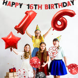 Haooryx 32Pcs 16th Birthday Party Balloons Decoration Supplies Kit, White Black and Red Confetti Latex Balloons, Banner and Cake Topper Set Stars Number 16 Foil Balloons for 16 Years Old Teenager