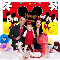 HAOORYX Mickey Happy Birthday Fabric Banner Backdrop, Mickey Party Decorations, Themed Party Favor supplies for Kids Baby Shower Photography Background -72.8 x 43.3 inch