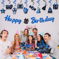 Haooryx 42Pcs Blue Birthday Party Decoration Set, Silver Navy Blue Happy Birthday Banner Hanging Swirls Cake Topper Cupcake Decorations Table Centerpieces for Boys Men Birthday Party Decor Supplies