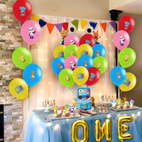 Haooryx 48Pcs Word Party 1st Birthday Party Favor Kit, Happy Birthday Cake Cupcake Toppers Set Cartoon Latex Balloons Gold Foil Balloon for One Year Old Baby Shower First Birthday Theme Party Decor