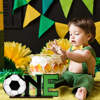 Haooryx Soccer ONE Letter Sign Wooden Centerpiece Soccer Ball Table Topper for Toddle Baby Boy 1st First Birthday One-Year-Old Milestone Baby Shower Decor Sport Theme World Cup Party Decoration