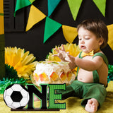 Haooryx Soccer ONE Letter Sign Wooden Centerpiece Soccer Ball Table Topper for Toddle Baby Boy 1st First Birthday One-Year-Old Milestone Baby Shower Decor Sport Theme World Cup Party Decoration