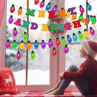 Haooryx 105Pcs Christmas Light Banner Bulletin Board Set Colorful Bulb Patterned Paper Cut-Outs Blackboard Border Nametag Decoration for Christmas Party Home School Classroom Whiteboard Window Decor