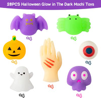 Haooryx 28PCS Glow In The Dark Halloween Mochi Toys Pumpkin Ghost Bat Squishies Squeeze Stress Relief Anxiety Toys for Kids Halloween Treat Goody Bags Filler Classroom Prize Bulk Party Favors