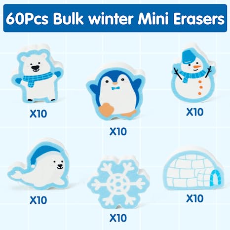 Haooryx 60Pcs Winter Polar Animals Mini Eraser for Kids Bulk Novelty Polar  Animals Pencil Eraser 3D Desk Puzzle Erasers Pet for Xmas Winter Party New