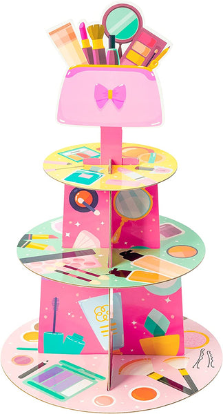 Haooryx Make Up Party Cupcake Stand Decoration 3 Tier Cosmetics Theme Pink Cupcake Tower Cardboard Lipstick Cupcake Dessert Candy Holders for Women Girls Makeup Birthday Cocktail Party Favors Supplies