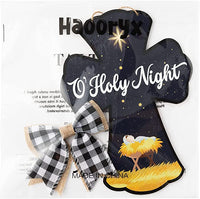 Haooryx Christmas Wood Birth of Jesus Hanging Door Sign Cross Christmas Door Hanger Decoration with Plaid Bow Holy Night Front Door Sign Plaque for Xmas Home Farmhouse Fireplace Wall Hanging Decor