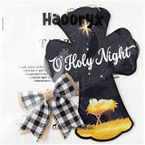Haooryx Christmas Wood Birth of Jesus Hanging Door Sign Cross Christmas Door Hanger Decoration with Plaid Bow Holy Night Front Door Sign Plaque for Xmas Home Farmhouse Fireplace Wall Hanging Decor