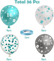 Haooryx 36Pcs 16th Birthday Party Balloons Decoration Supplies Kit, Teal Turquoise White and Sliver Confetti Latex Balloons for 16-Year-Old Teenager Boy Girl Birthday Happy 16 Years Anniversary Decor