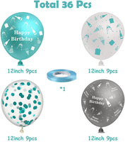 Haooryx 36Pcs Teal Turquoise and Sliver Balloons Birthday Party Decoration Kit, 12 Inches Latex Printed Balloon with Ribbon for Kids Teens Adults Birthday Party Indoor Outdoor Decor Supplies