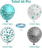 Haooryx 36Pcs Teal Turquoise and Sliver Balloons Birthday Party Decoration Kit, 12 Inches Latex Printed Balloon with Ribbon for Kids Teens Adults Birthday Party Indoor Outdoor Decor Supplies